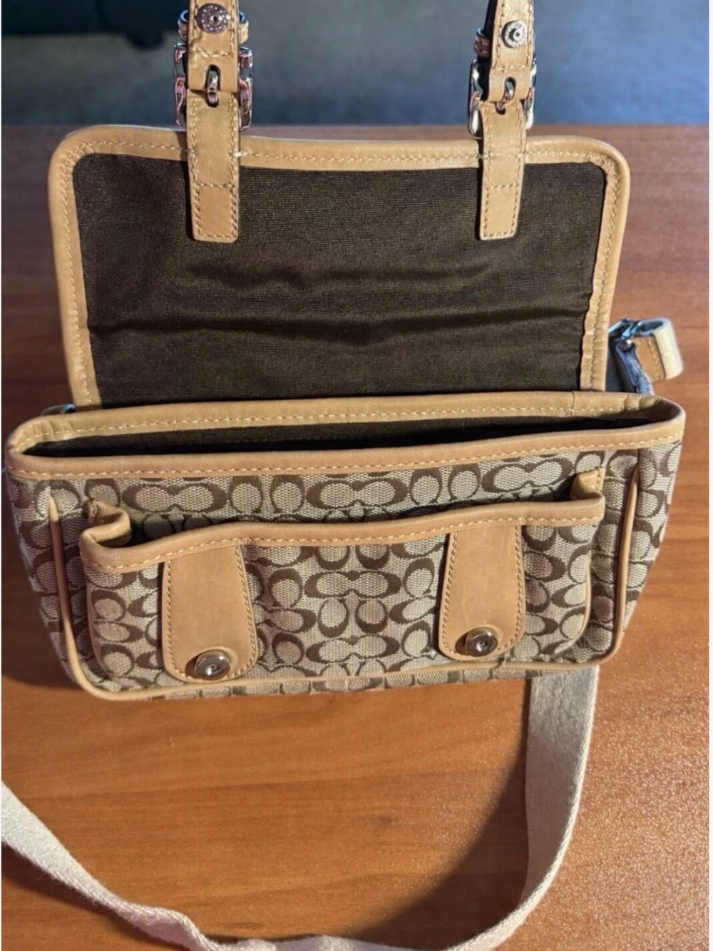 Coach Brown Signature Canvas Crossbody with Tan Leather Trim